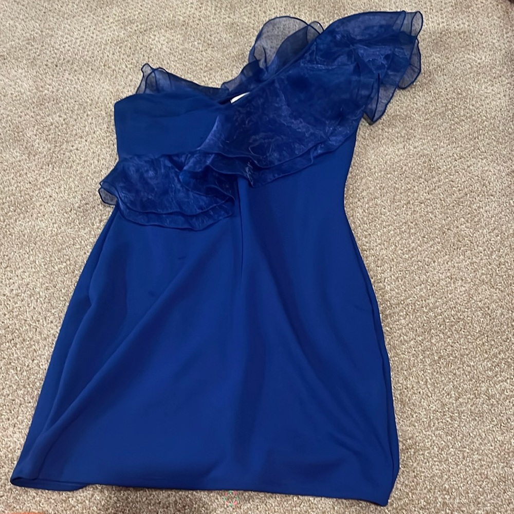blue one shoulder, puff sleeve formal dress